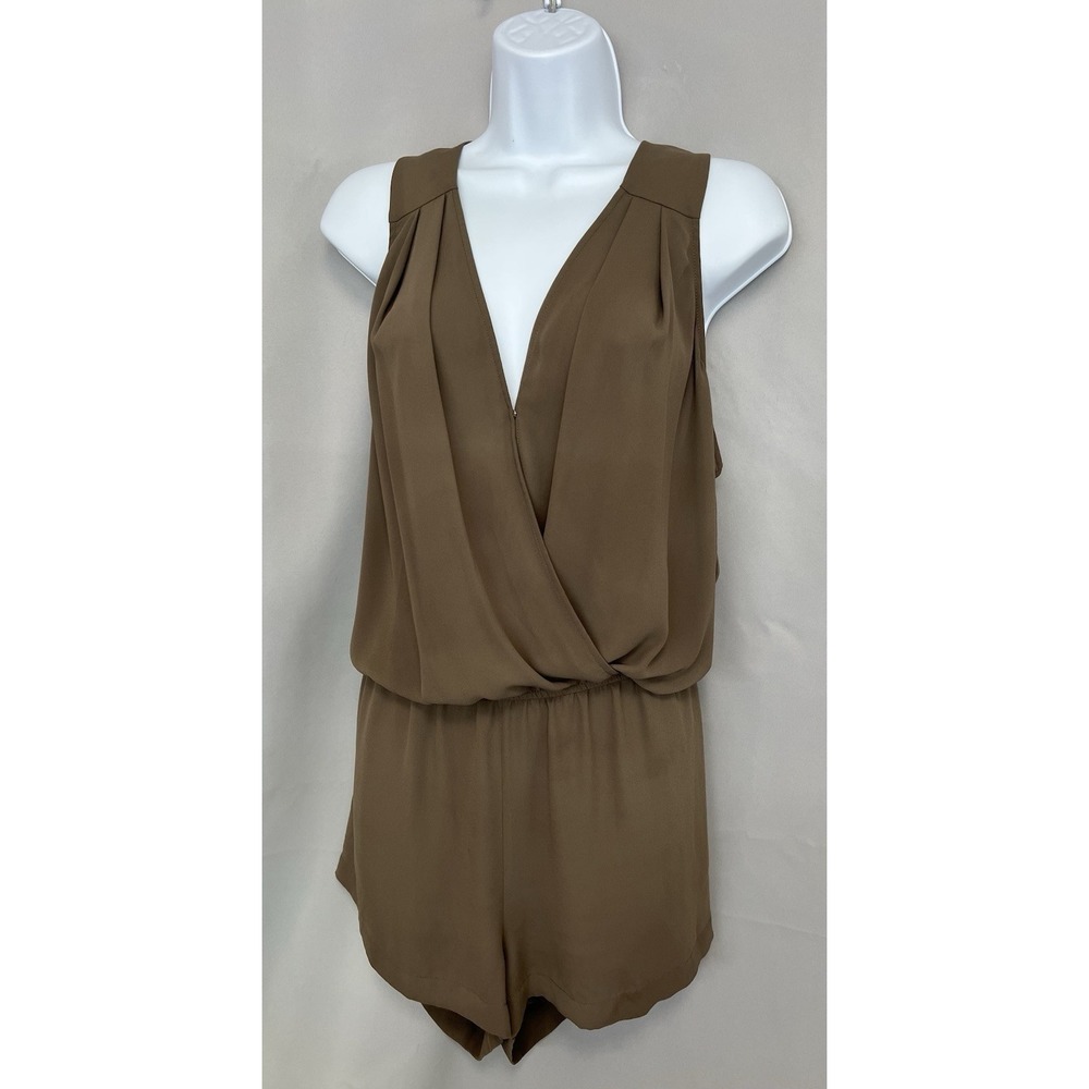 BCBG MAXAZRIA Women's Romper Sleeveless Elastic Waist V-Neck Olive Green Large